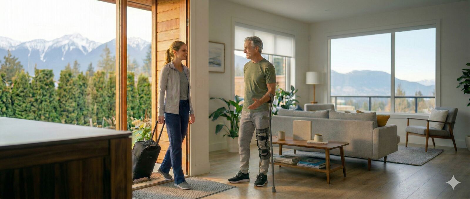 Mobile physiotherapist arriving at a patient's home in Vancouver for an in-home rehabilitation session