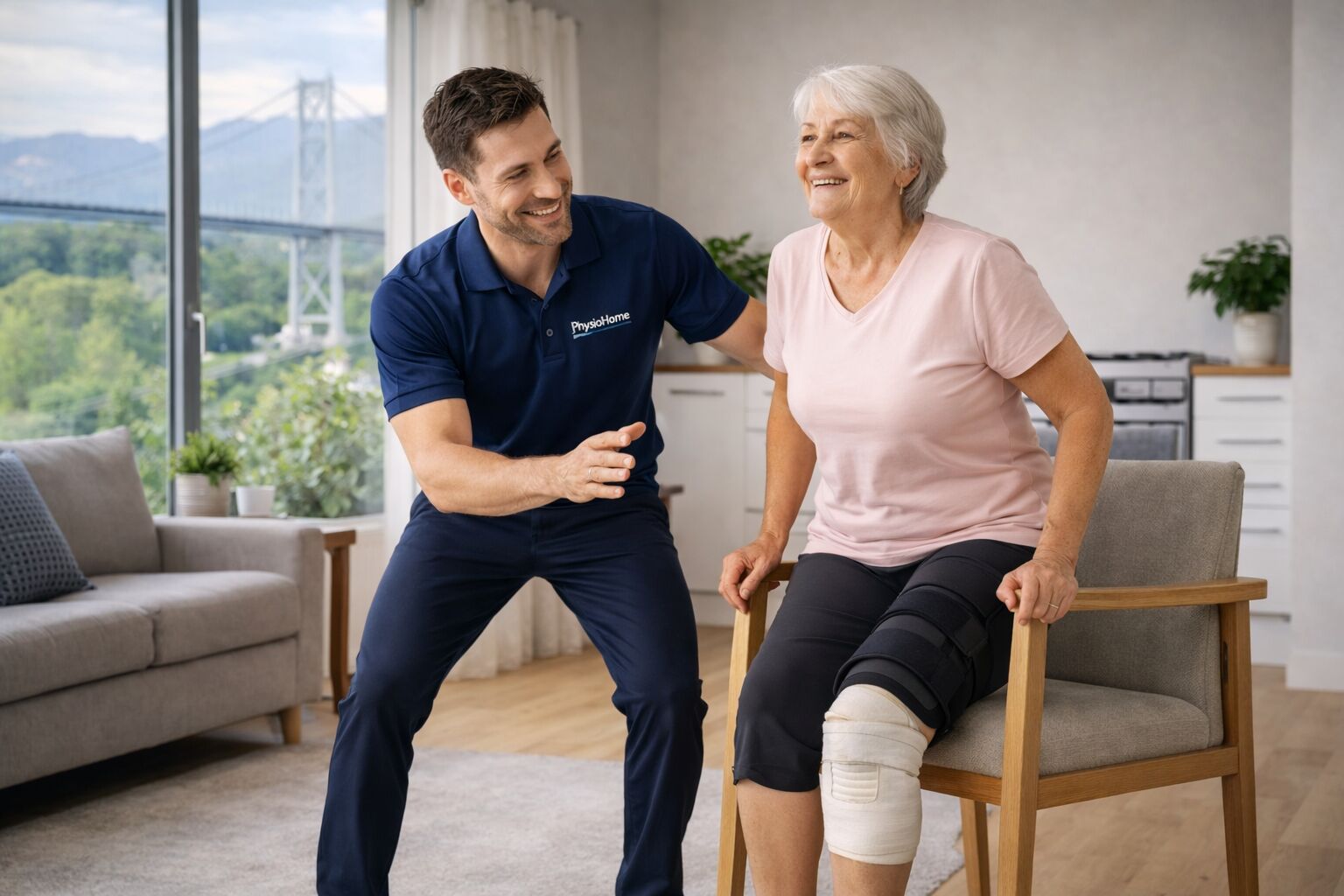 Hip replacement rehabilitation at home — patient practicing stairs with physiotherapist