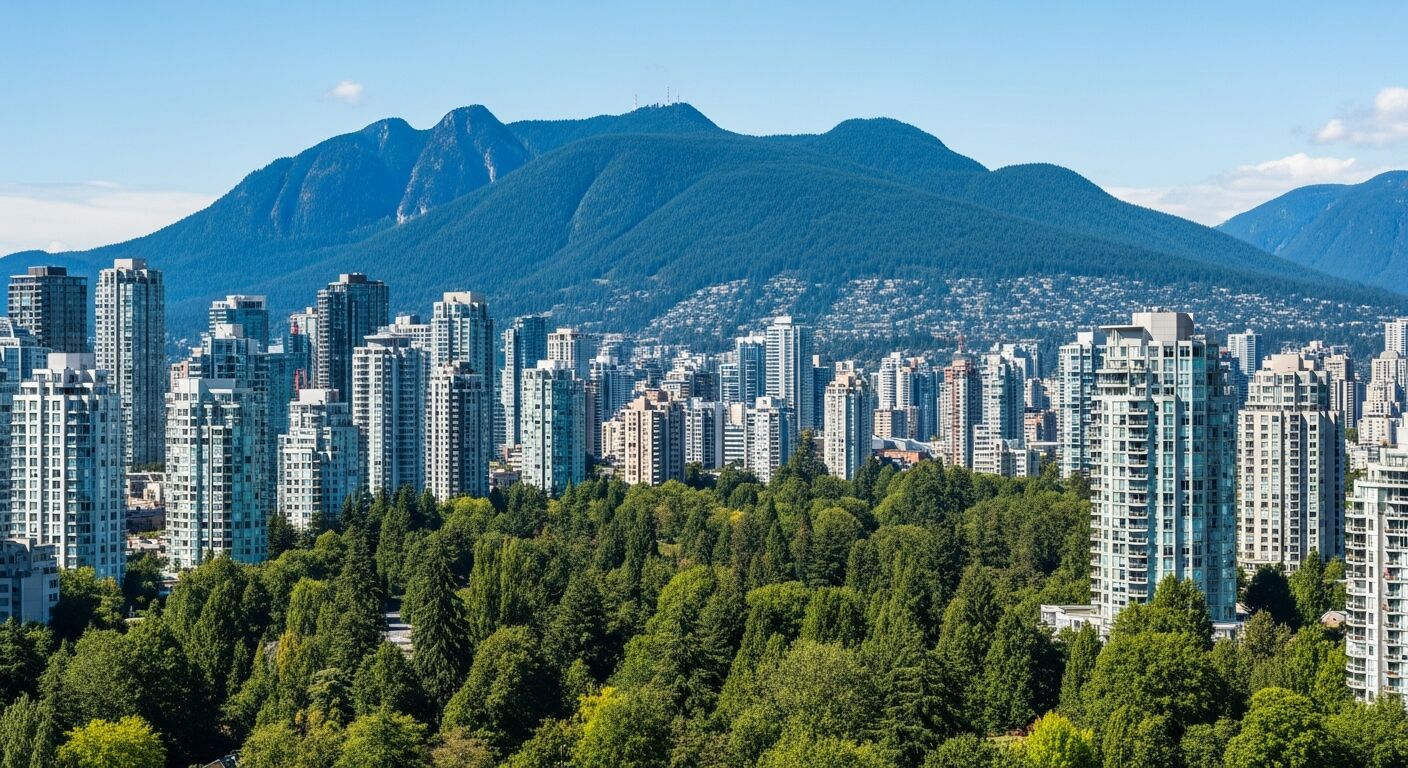 Burnaby skyline with Central Park and Burnaby Mountain