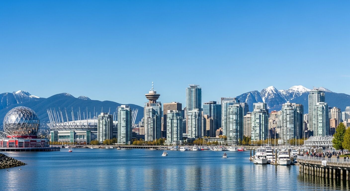 Vancouver skyline with Science World and the North Shore mountains